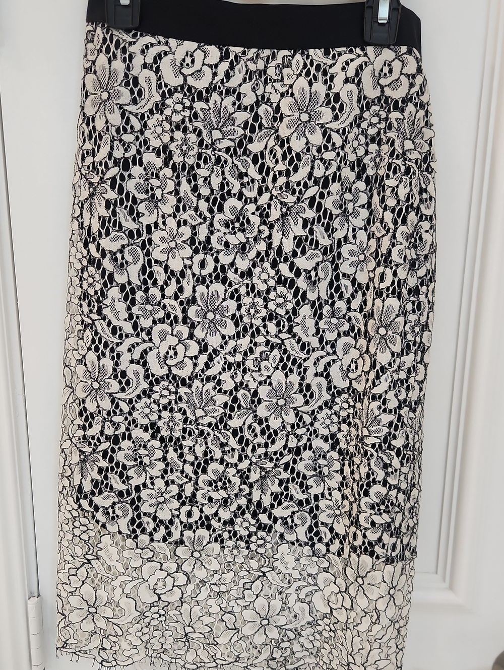 Express Black & Cream Floral Lace Midi Skirt